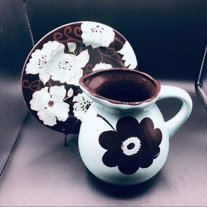 Laurie Gates Gatesware Pitcher Robin Egg Blue with Cocoa Brown Flowers NO PLATE